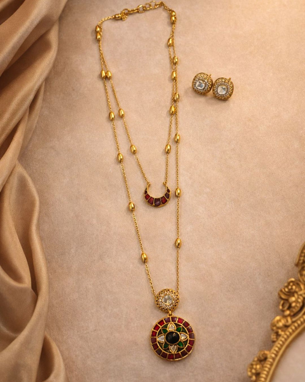 Noor Dual Layer Kundan Necklace & Earrings Set | Women’s Multi-Color Gold Plated Festive Statement Jewellery