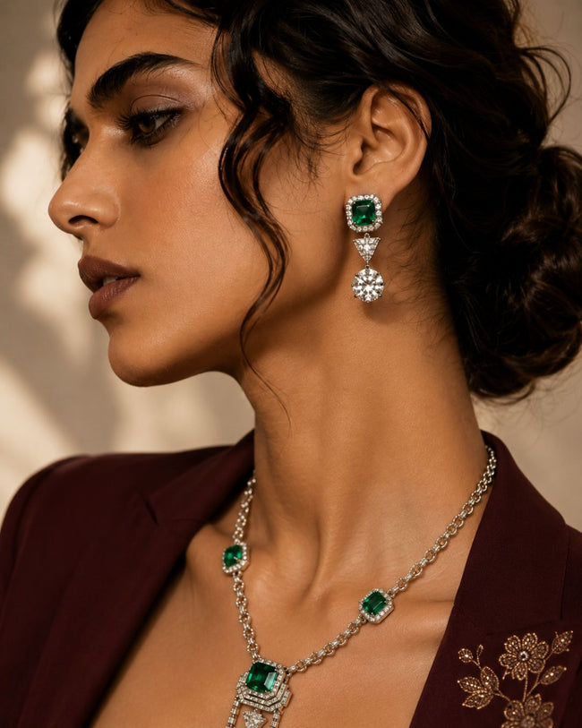 Emerald Asteria American Diamond Necklace Set | Green Stone CZ Chain Link & Diamond Drop Statement Jewellery Main Image
