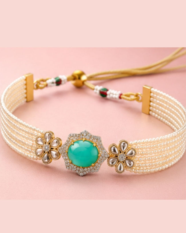 Aqua Bloom Pearl Choker Set | Floral Pearl Necklace, Earrings Main Image