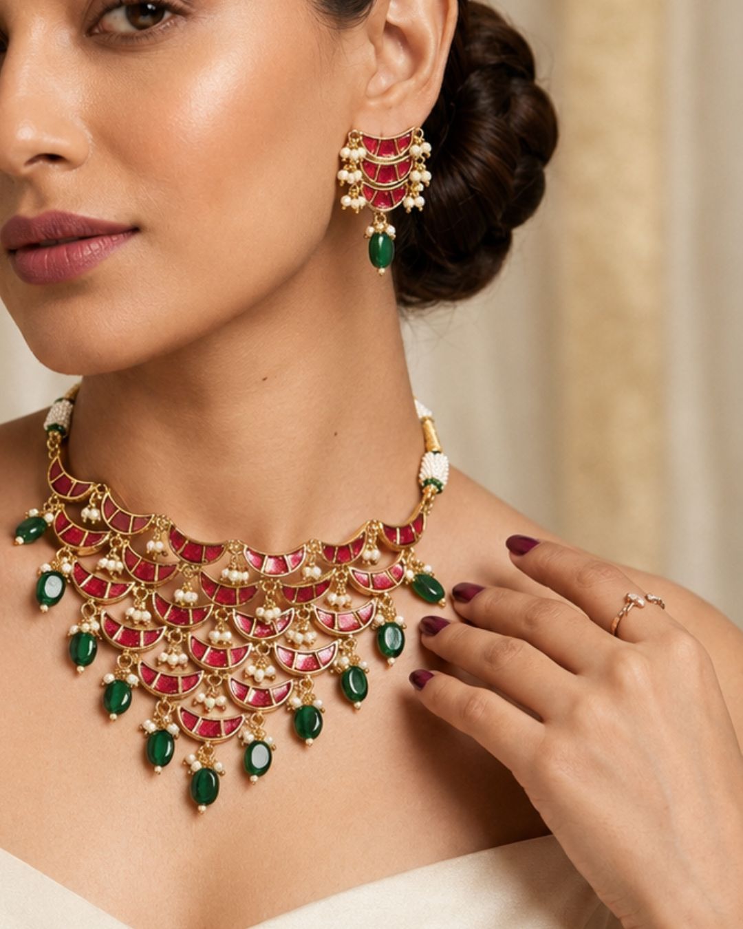 Noor Pearl Cascade Choker Set | CZ Bridal & Festive Jewellery (White/Red)