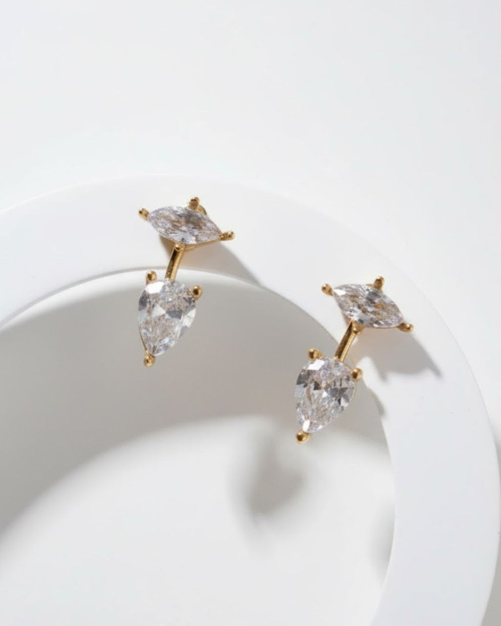 2-in-1 Stud and Drop Earrings with cubic zirconia detailing and 18K gold plated anti-tarnish finish