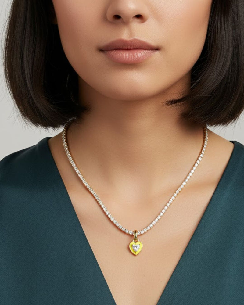 Pink Heart Tennis Chain Necklace | Premium Anti-Tarnish Heart Pendant Necklace | Trendy Everyday Statement Jewellery