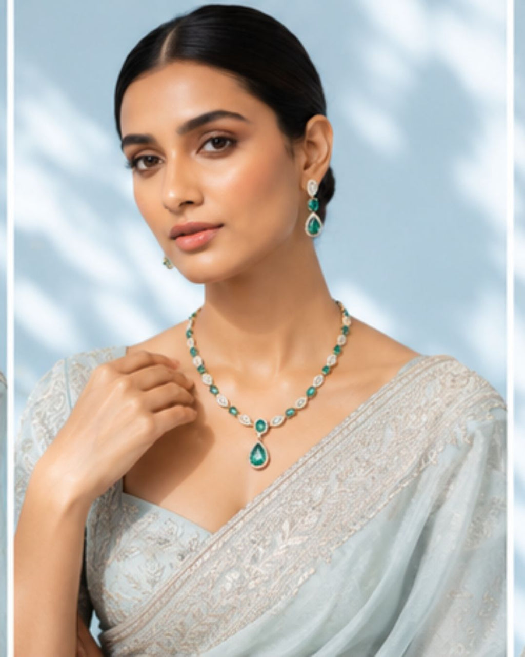Emerald Halo Link Necklace Set | 18K Gold Plated Green & White Stone Studded Indian Cocktail Jewellery