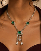 Emerald Asteria American Diamond Necklace Set | Green Stone CZ Chain Link & Diamond Drop Statement Jewellery