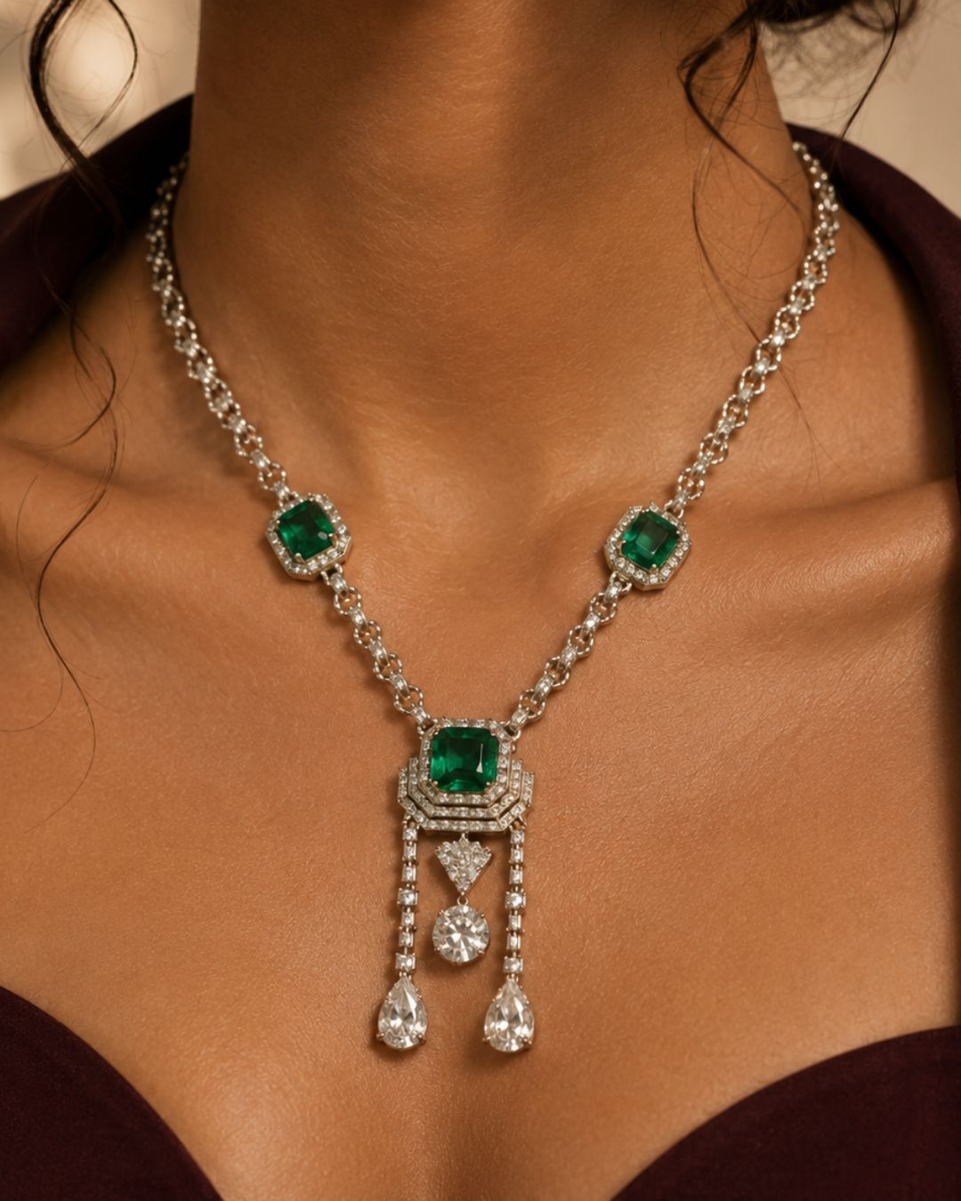 Emerald Asteria American Diamond Necklace Set | Green Stone CZ Chain Link & Diamond Drop Statement Jewellery