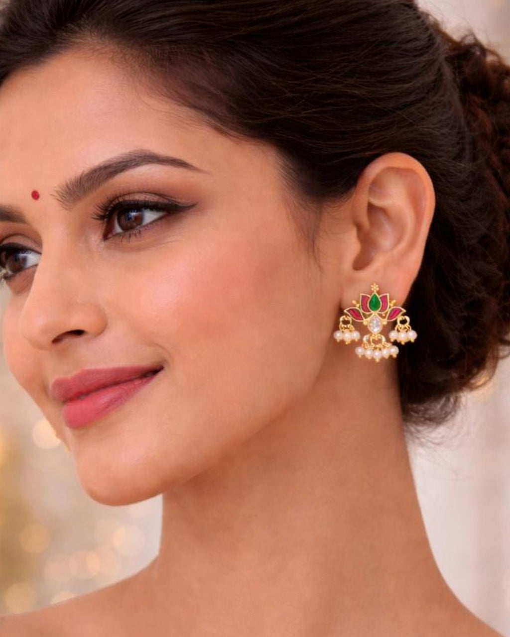 Padma Mini Lotus Kundan Pearl Stud Earrings | Delicate Lotus Kundan Studs | Traditional & Festive Jewellery