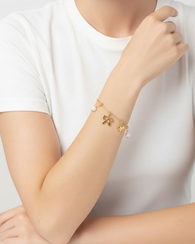 Pearl Bow Charm Bracelet | 18K Gold Plated Anti-Tarnish Stainless Steel Bracelet Main Image