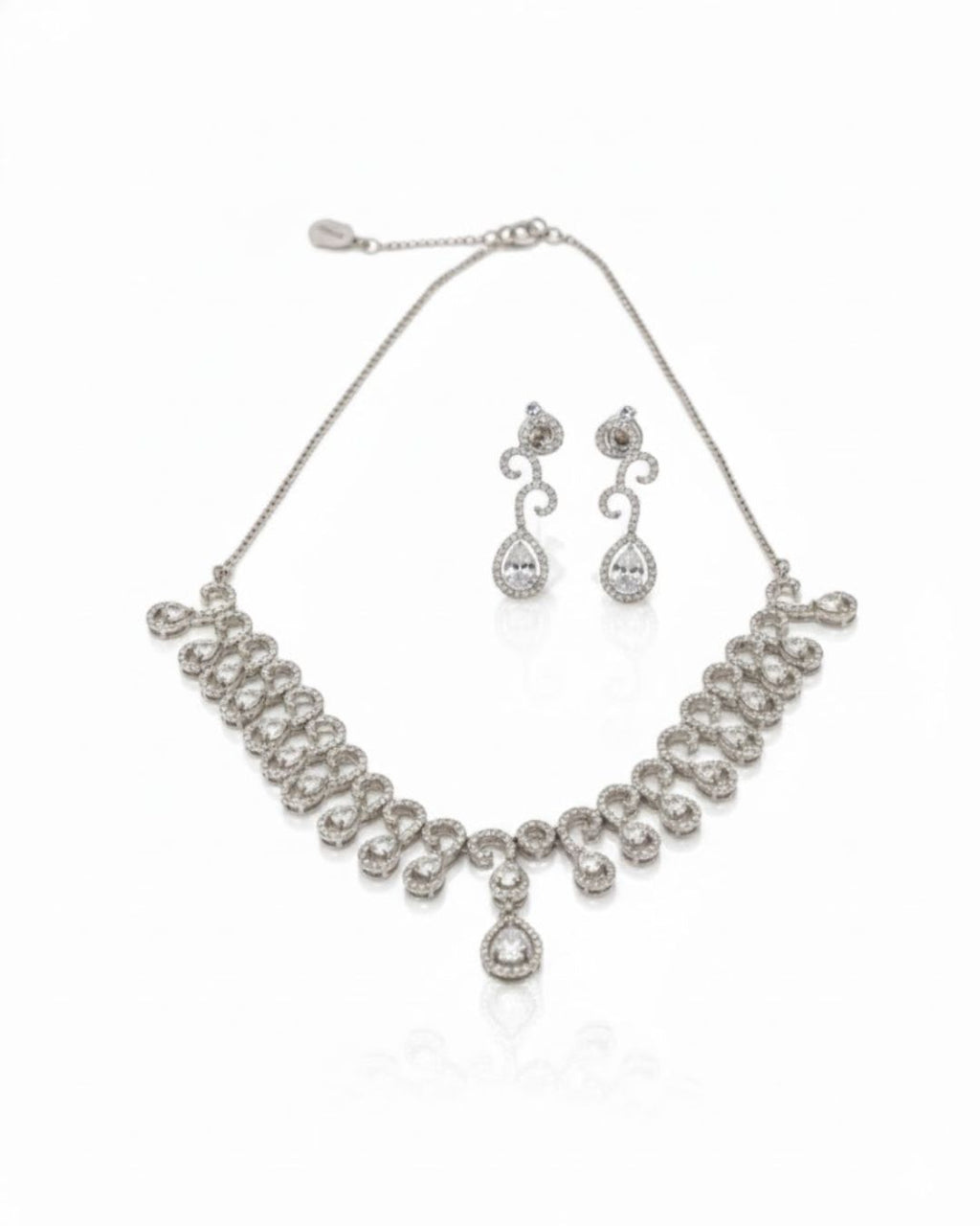 Teardrop Halo CZ Necklace Set | Rhodium-Plated White Stone Cubic Zirconia Diamond-Look Cocktail Jewellery
