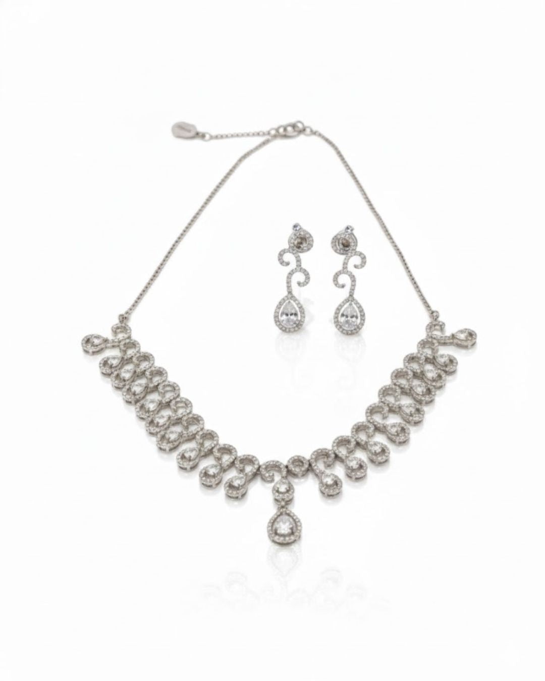 Teardrop Halo CZ Necklace Set | Rhodium-Plated White Stone Cubic Zirconia Diamond-Look Cocktail Jewellery