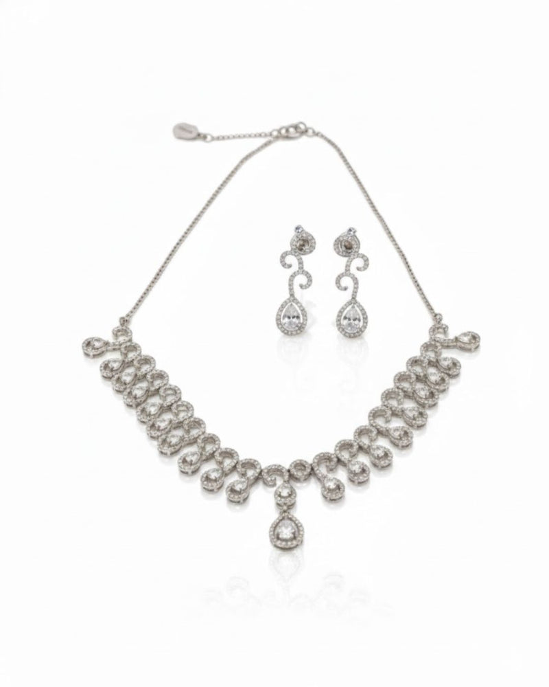 Teardrop Halo CZ Necklace Set | Rhodium-Plated White Stone Cubic Zirconia Diamond-Look Cocktail Jewellery