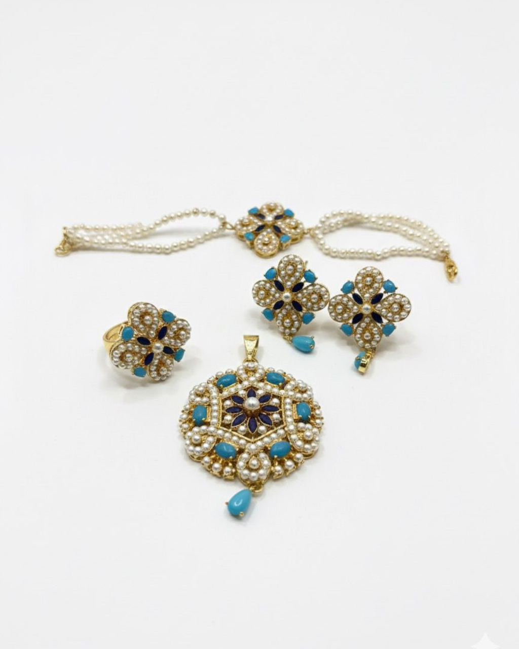 White Pearl Floral Jewellery Set | Gold-Plated Pendant, Earrings, Bracelet & Ring Festive Set