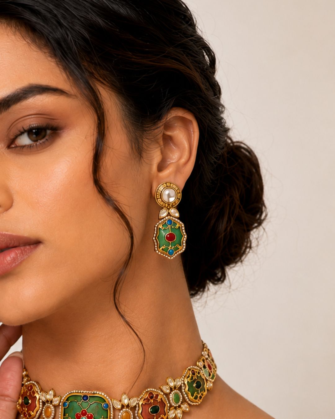 Rang Mahal Pink & Green Kundan Choker Set | Women’s Multi-Color 18K Gold Plated Bridal Jewellery