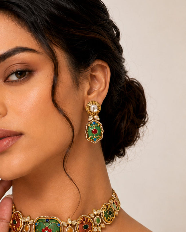 Rang Mahal Pink & Green Kundan Choker Set | Women’s Multi-Color 18K Gold Plated Bridal Jewellery Main Image