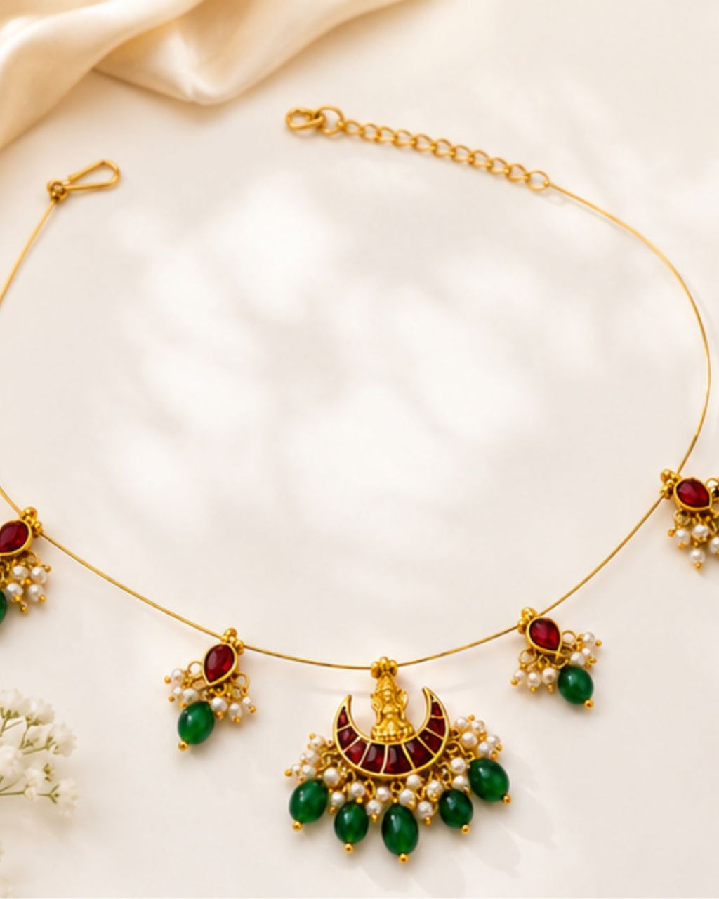 Lakshmi Kundan Pearl Wire Necklace | Temple Festive Jewellery | 18K Gold Plated Ruby & Pearl Necklace