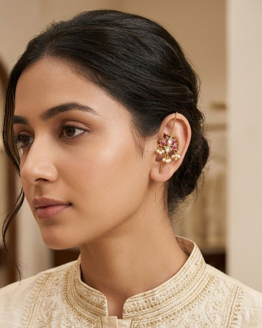 Padma Lotus Ear Cuff Earrings with Kundan, Pearl Drops & Sui Dhaaga Design | 18K Gold Plated
