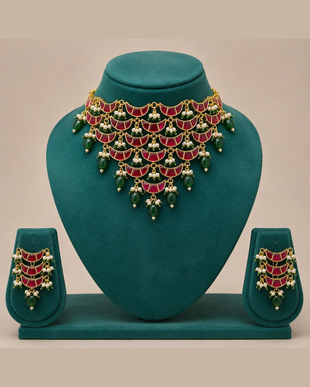 Noor Pearl Cascade Choker Set | CZ Bridal & Festive Jewellery (White/Red)