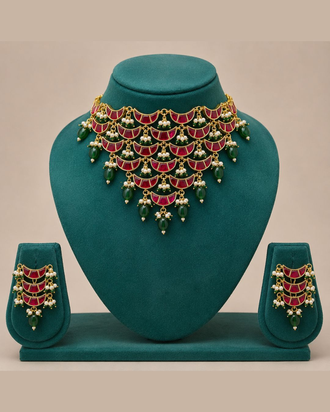 Noor Pearl Cascade Choker Set | CZ Bridal & Festive Jewellery (White/Red)