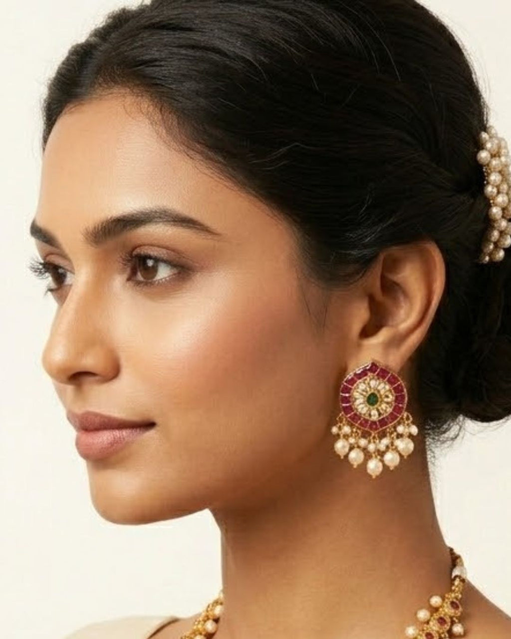 Padmavalli Lakshmi Bridal Haar Set | 18K Gold Plated Red, Green Guttapusalu & Pearl Drop Statement Jewellery