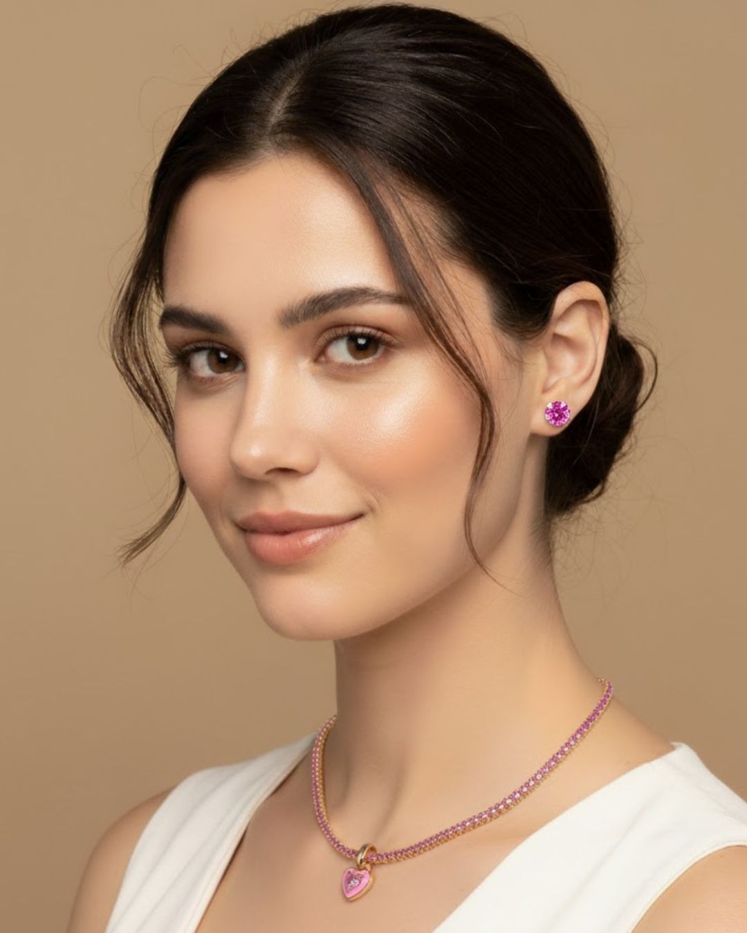Pink Heart Tennis Chain Necklace | Premium Anti-Tarnish Heart Pendant Necklace | Trendy Everyday Statement Jewellery