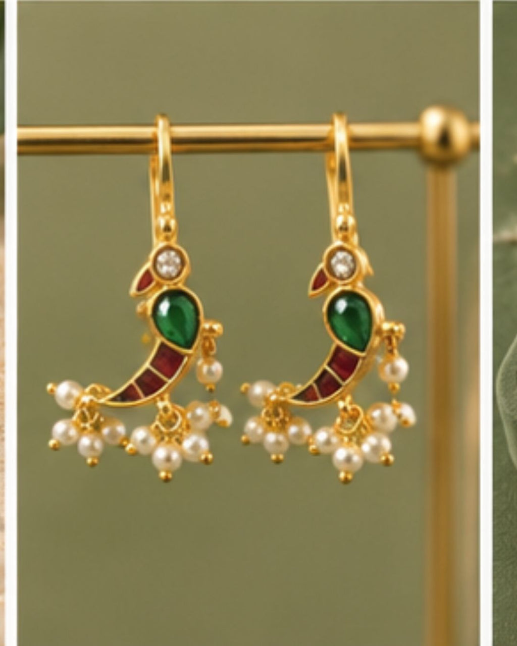 Mayura Green Red White Parrot Ear Cuff with Pearl Drops | Wear as Bugadi or Hair Pin Alloy Drops & Danglers, Cuff Earring