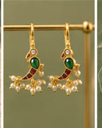 Mayura Green Red White Parrot Ear Cuff with Pearl Drops | Wear as Bugadi or Hair Pin Alloy Drops & Danglers, Cuff Earring