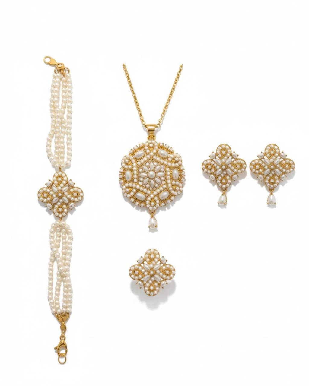 White Pearl Floral Jewellery Set | Gold-Plated Pendant, Earrings, Bracelet & Ring Festive Set