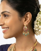 Morvaara Emerald Kundan Bridal Set | 18K Gold Plated Red, White & Green Stone Statement Jewellery