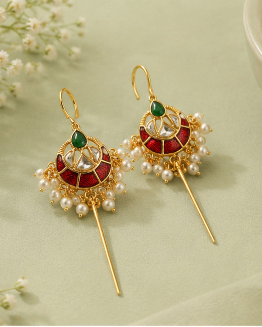 Vira Temple Pearl Ear Cuff | Temple Design Sui Dhaaga Stick Earrings | 18K Gold Plated Jewellery