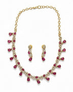 Ruby Teardrop Pavé Necklace Set with Earrings | 18K Gold Plated Red & White Stone Studded Cocktail Jewellery