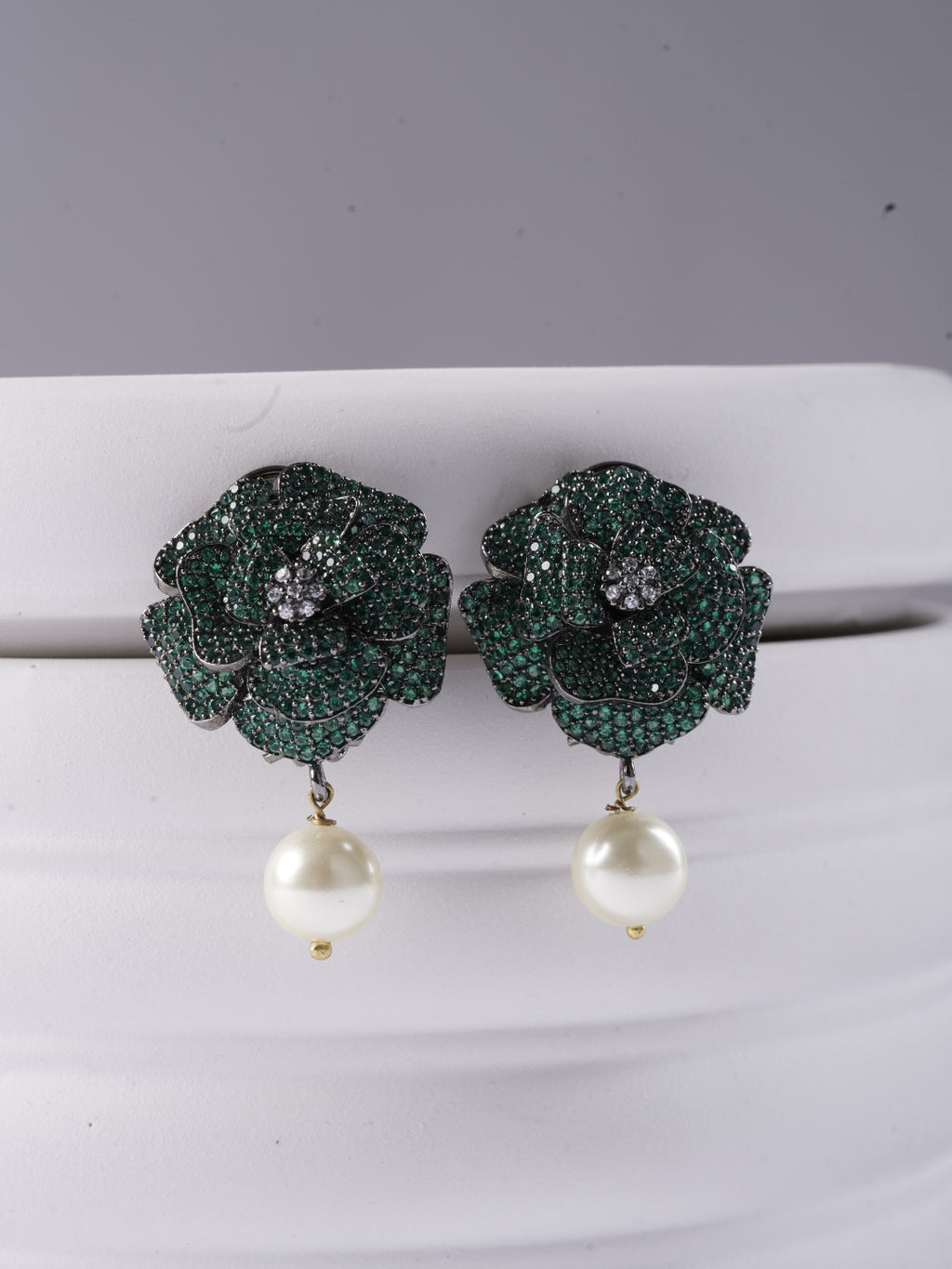 Green Stone Flower Pearl Drop Earrings | Floral Dangler Earrings for Women | 18K Gold Plated Jewellery