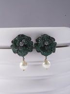 Green Stone Flower Pearl Drop Earrings | Floral Dangler Earrings for Women | 18K Gold Plated Jewellery