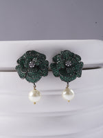 Green Stone Flower Pearl Drop Earrings | Floral Dangler Earrings for Women | 18K Gold Plated Jewellery