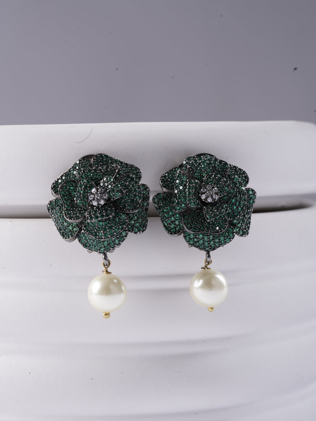 Green Stone Flower Pearl Drop Earrings | Floral Dangler Earrings for Women | 18K Gold Plated Jewellery