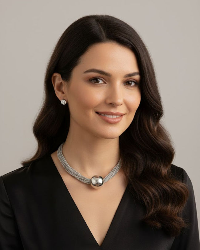 Gold Silver Multi-Strand Mesh Necklace with Statement Ball Pendant | Indo-Western Fusion Jewellery Hover Image