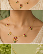 Lotus Wire Necklace with Pearl Drops & Red Green Stones | 18K Gold Plated Festive Temple Necklace