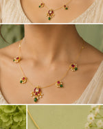 Lotus Wire Necklace with Pearl Drops & Red Green Stones | 18K Gold Plated Festive Temple Necklace