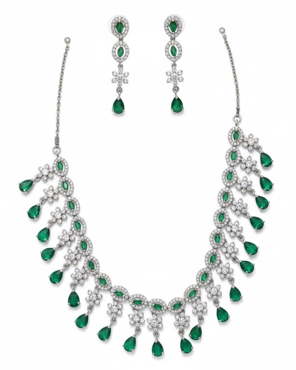 Emerald Fringe CZ Necklace Set | Rhodium-Plated Green & White Cubic Zirconia Cocktail Statement Jewellery