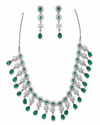 Emerald Fringe CZ Necklace Set | Rhodium-Plated Green & White Cubic Zirconia Cocktail Statement Jewellery