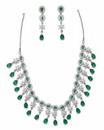 Emerald Fringe CZ Necklace Set | Rhodium-Plated Green & White Cubic Zirconia Cocktail Statement Jewellery