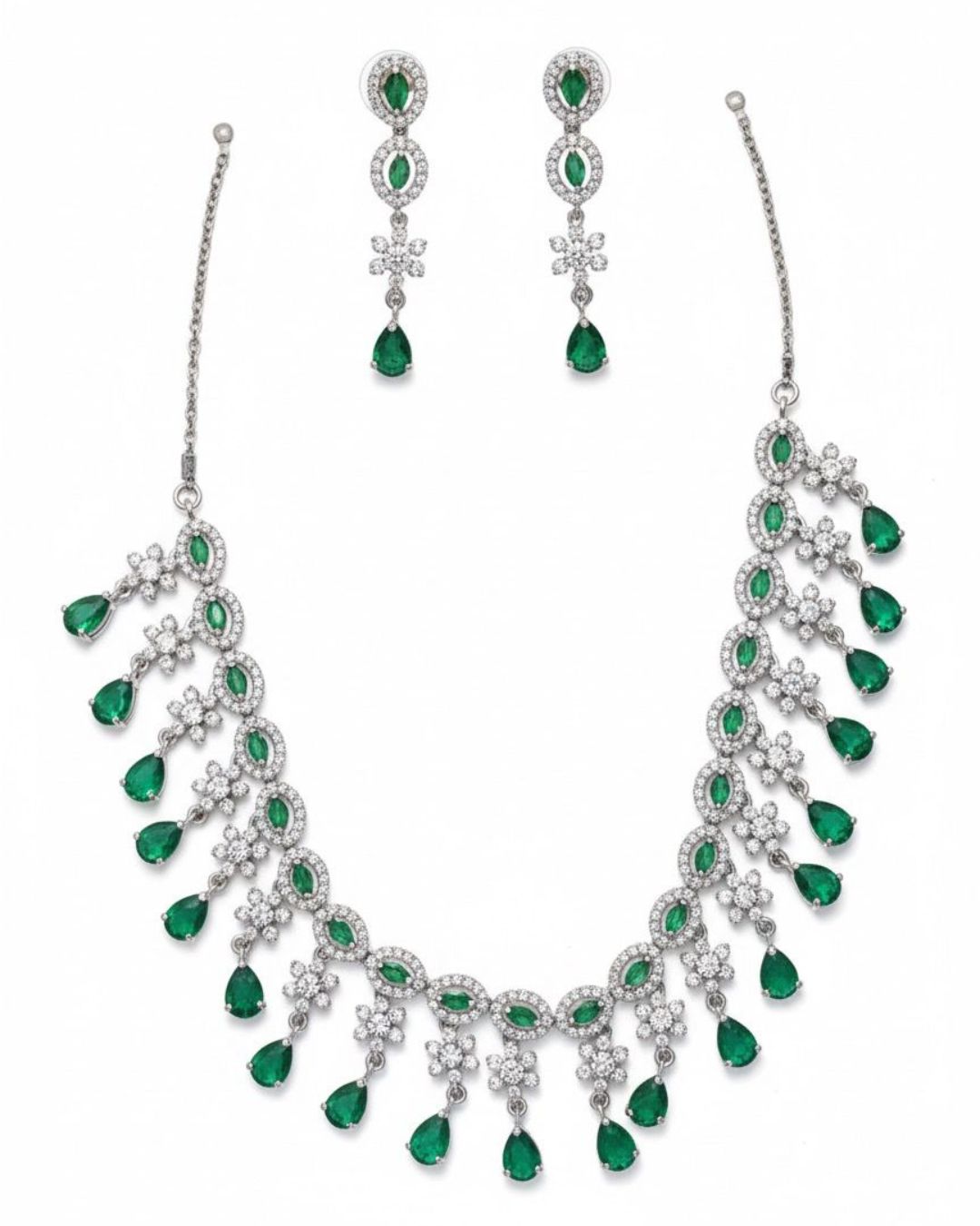 Emerald Fringe CZ Necklace Set | Rhodium-Plated Green & White Cubic Zirconia Cocktail Statement Jewellery
