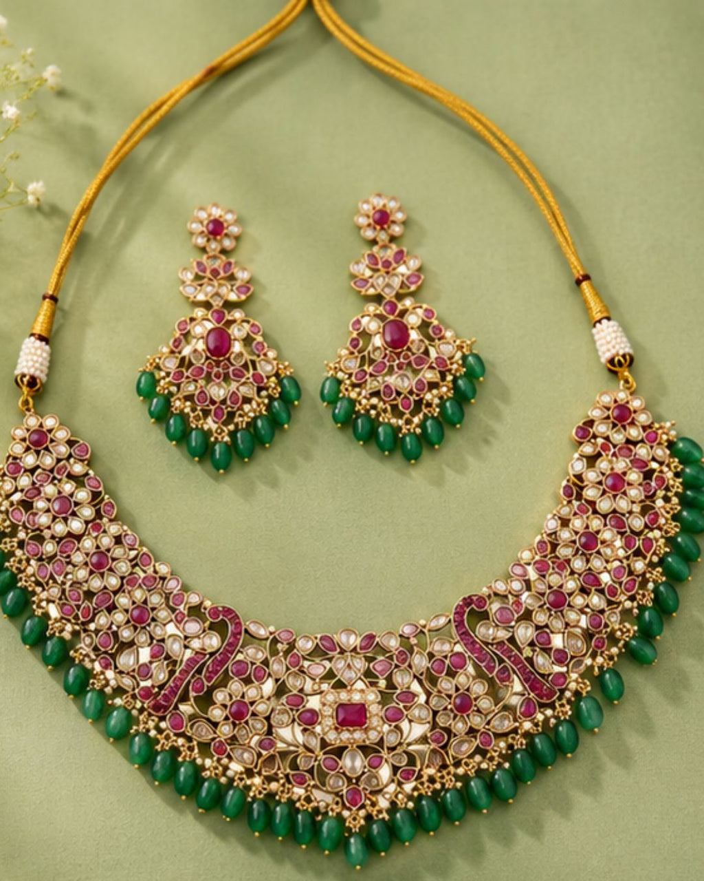 Zarmina Polki Emerald Bridal Necklace Set | 18K Gold Plated Green Beads, Red & White Stone Statement Jewellery