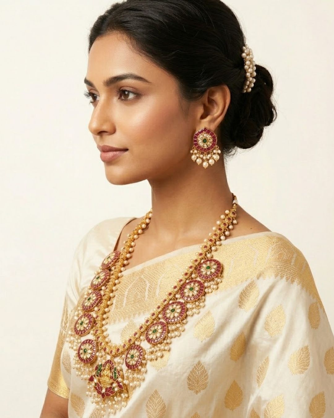 Padmavalli Lakshmi Bridal Haar Set | 18K Gold Plated Red, Green Guttapusalu & Pearl Drop Statement Jewellery