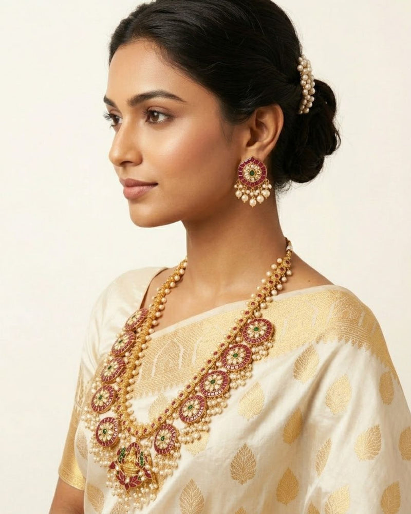 Padmavalli Lakshmi Bridal Haar Set | 18K Gold Plated Red, Green Guttapusalu & Pearl Drop Statement Jewellery