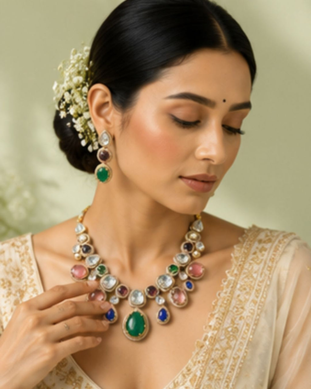 Sabhyaraa Royal Navratna Kundan Bridal Set (Necklace & Earrings) | Heavy 18K Gold Plated Jewellery