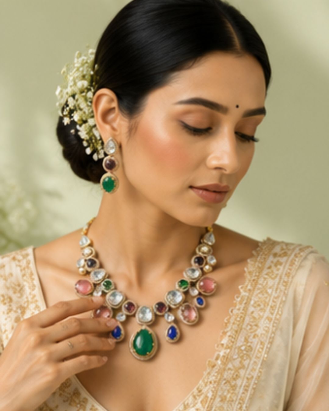 Sabhyaraa Royal Navratna Kundan Bridal Set (Necklace & Earrings) | Heavy 18K Gold Plated Jewellery