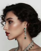 Emerald Fringe CZ Necklace Set | Rhodium-Plated Green & White Cubic Zirconia Cocktail Statement Jewellery