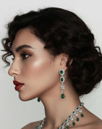 Emerald Fringe CZ Necklace Set | Rhodium-Plated Green & White Cubic Zirconia Cocktail Statement Jewellery