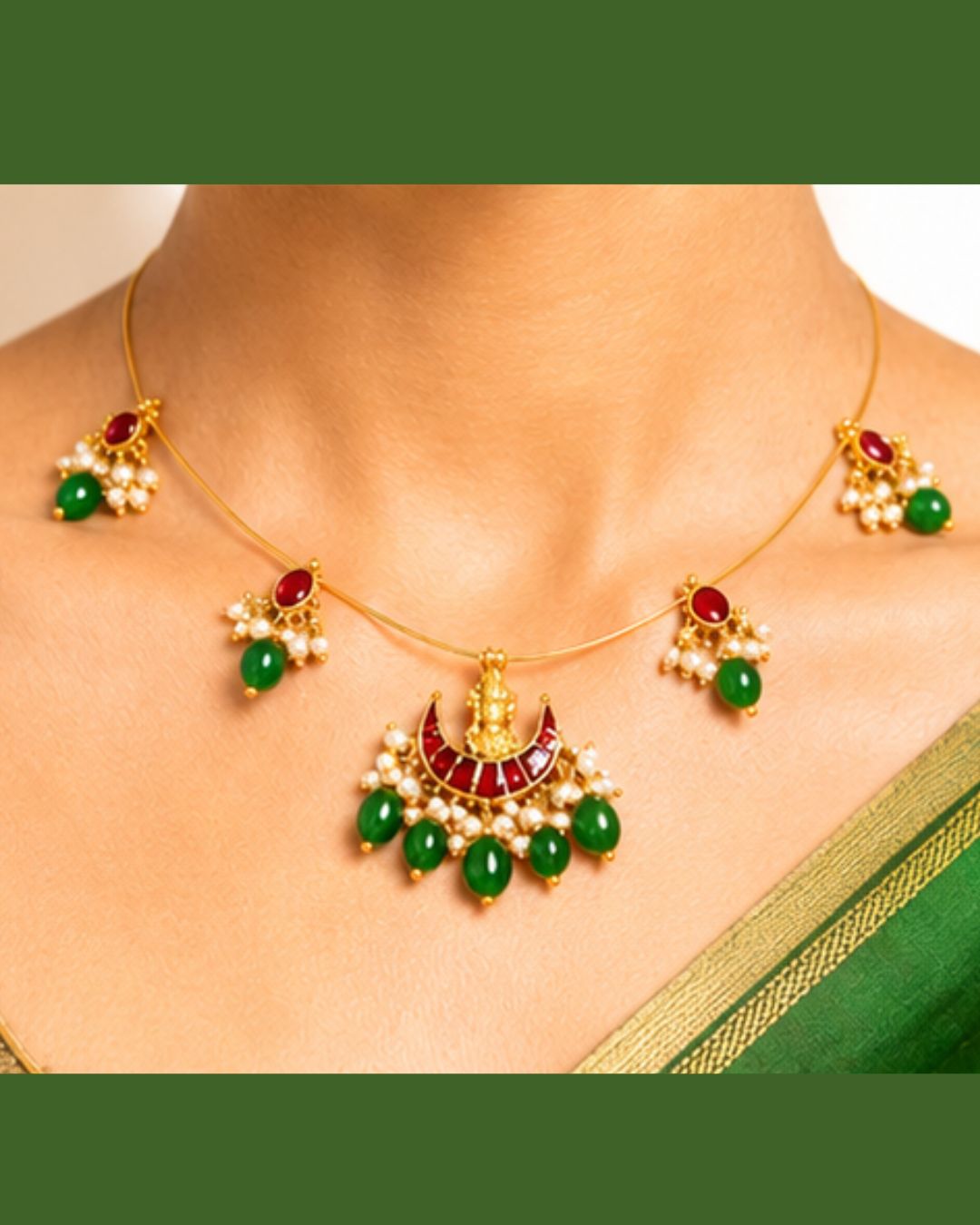 Lakshmi Kundan Pearl Wire Necklace | Temple Festive Jewellery | 18K Gold Plated Ruby & Pearl Necklace