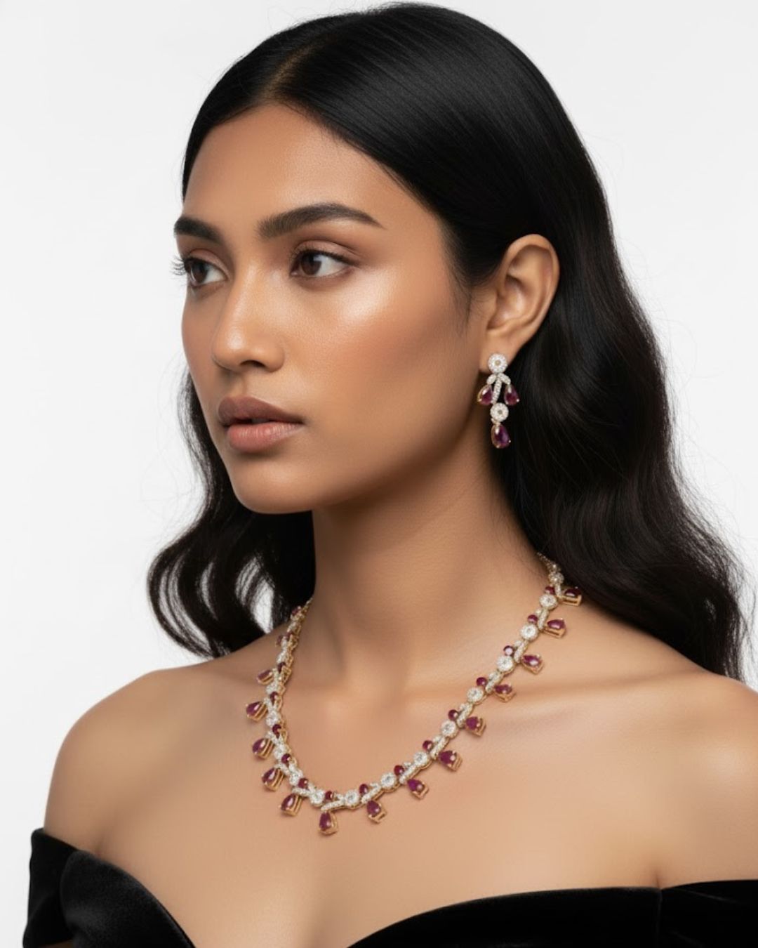 Ruby Teardrop Pavé Necklace Set with Earrings | 18K Gold Plated Red & White Stone Studded Cocktail Jewellery