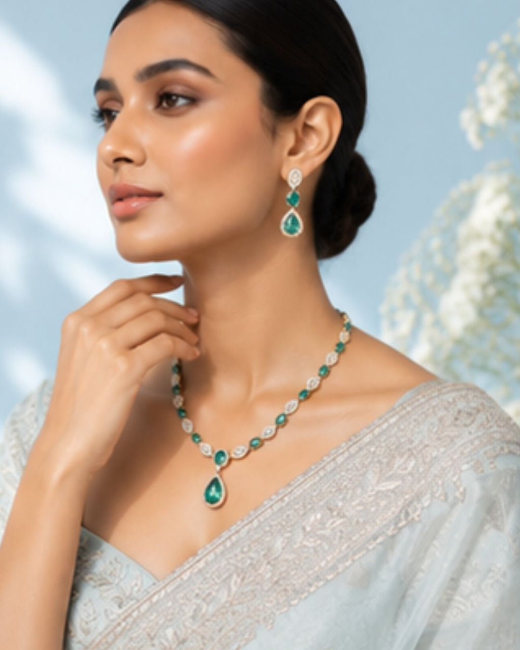 Emerald Halo Link Necklace Set | 18K Gold Plated Green & White Stone Studded Indian Cocktail Jewellery